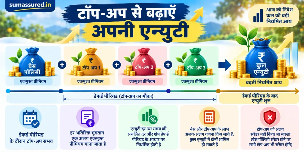 IC New Jeevan Dhara II Plan 892 की हिंदी इन्फोग्राफिक, जिसमें बेस पॉलिसी, अतिरिक्त टॉप-अप प्रीमियम और बढ़ती कुल एन्युटी को टाइमलाइन के साथ दिखाया गया है। डेफर्ड पीरियड, टॉप-अप की एन्युटी दर और सरेंडर संबंधी शर्तें दर्शाई गई हैं। sumassured.in ब्रांडिंग।